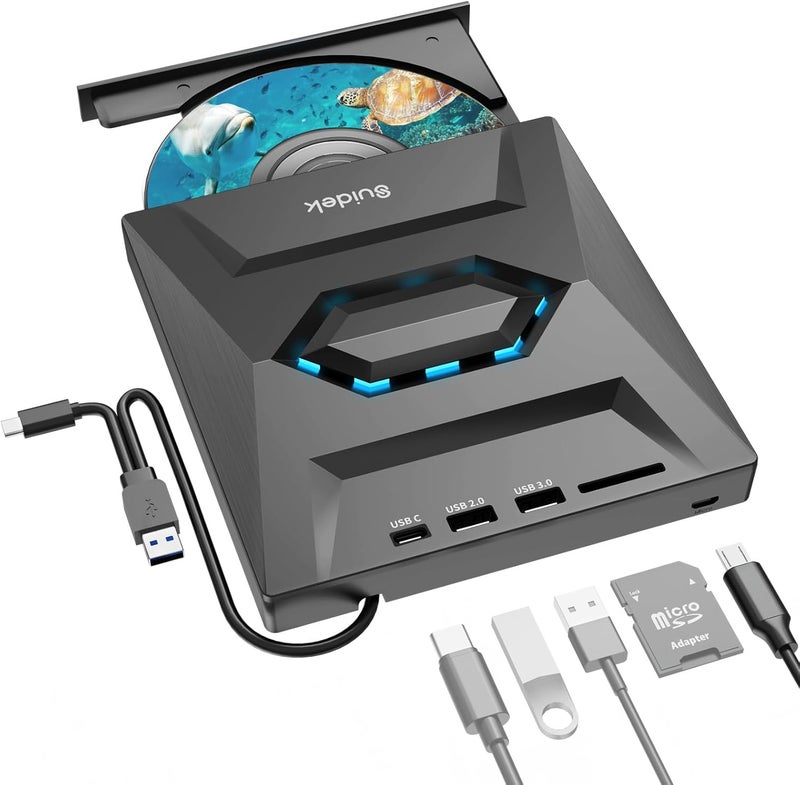 SUIDEK External CD DVD Drive for Laptop, USB C Portable CD/DVD +/-RW Burner DVD Player with SD Card Reader USB 3.0 Type C Hub Compatible with Laptop PC Windows Linux - Image 1